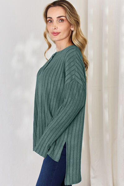 Basic Bae Full Size Ribbed Half Button Long Sleeve High-Low T-Shirt *