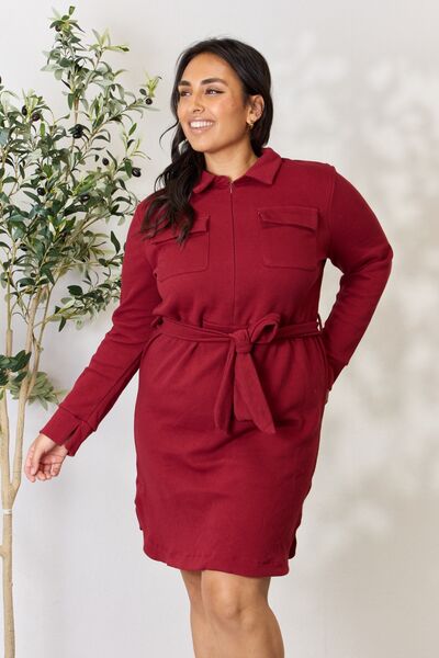 Culture Code Full Size Tie Front Half Zip Long Sleeve Shirt Dress *