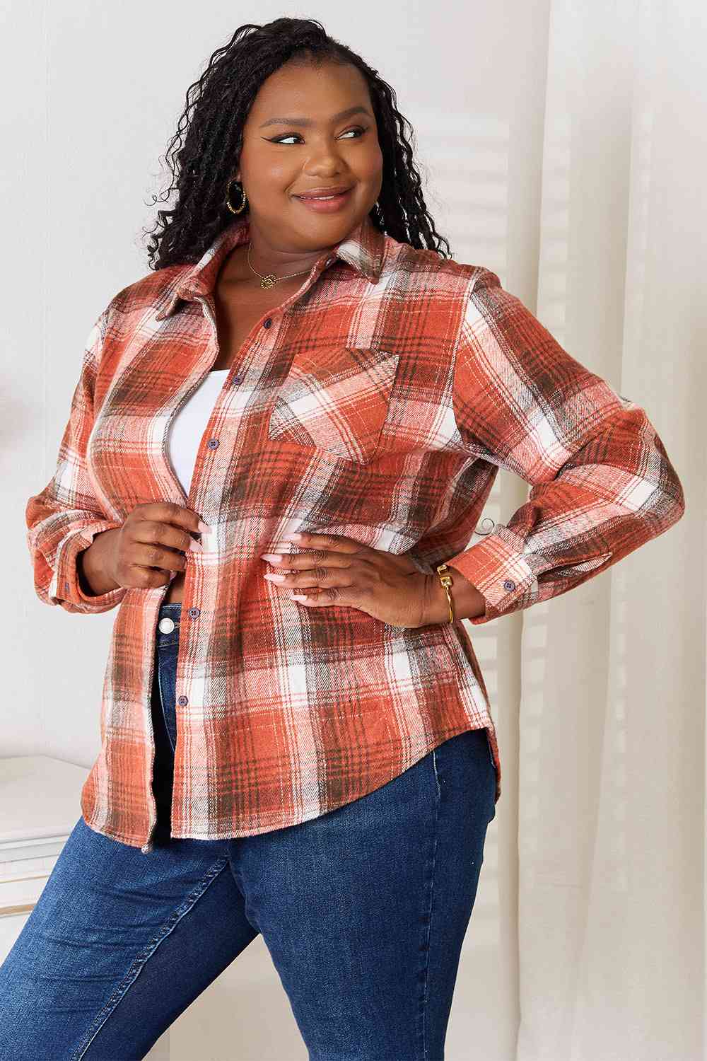 Double Take Plaid Collared Neck Long Sleeve Shirt *