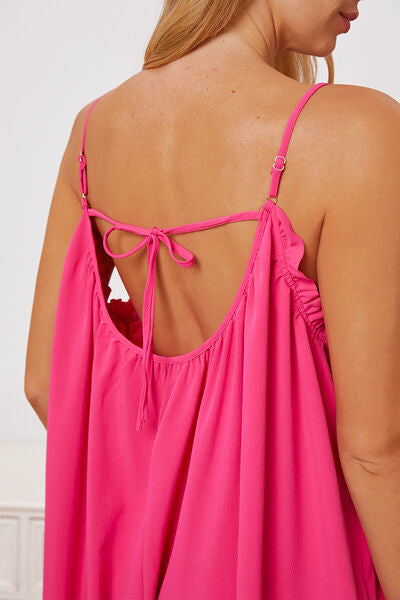 Double Take Full Size Ruffle Trim Tie Back Cami Jumpsuit with Pockets *