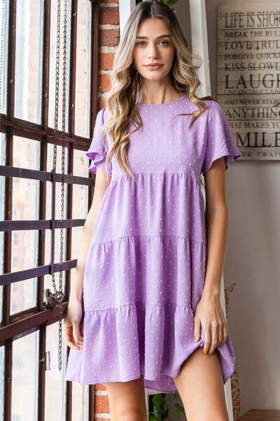 Heimish Full Size Swiss Dot Short Sleeve Tiered Dress *