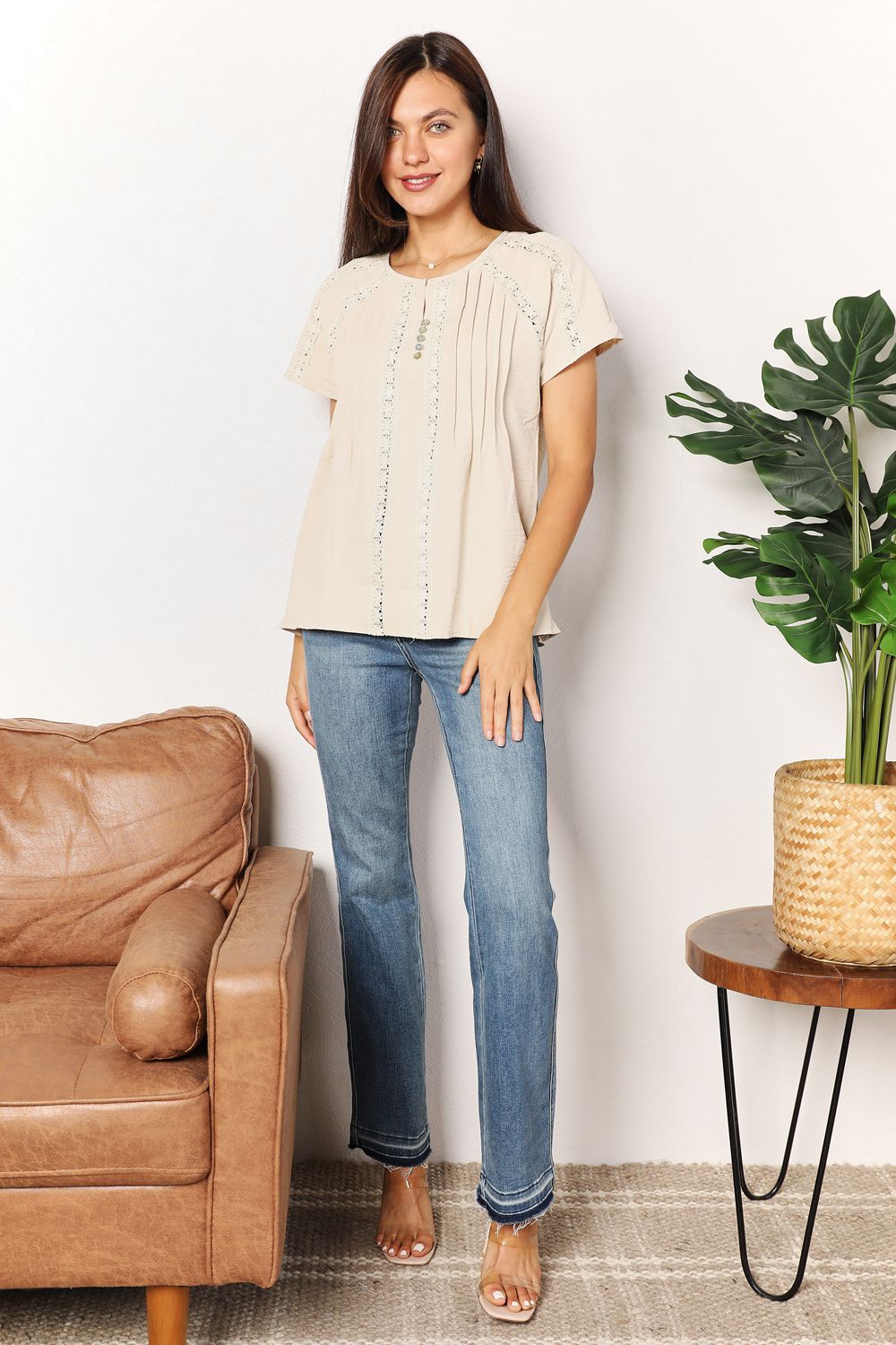 Double Take Pastel Yellow Full Size Crochet Buttoned Short Sleeves Top *