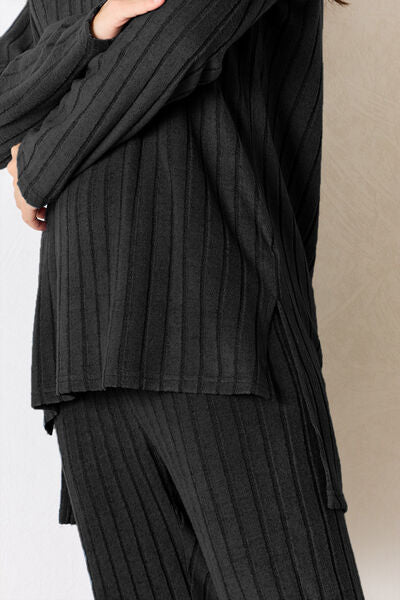 Basic Bae Full Size Ribbed Round Neck High-Low Slit Top and Pants Set *
