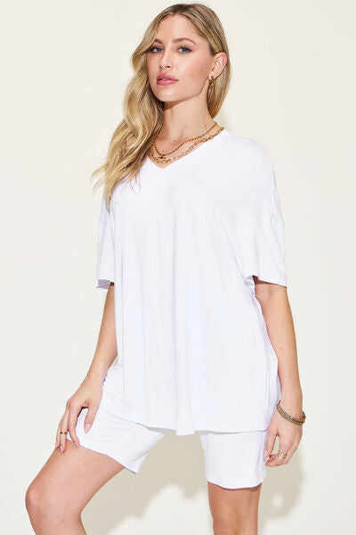 Basic Bae Full Size V-Neck Drop Shoulder Short Sleeve T-Shirt and Shorts Set *