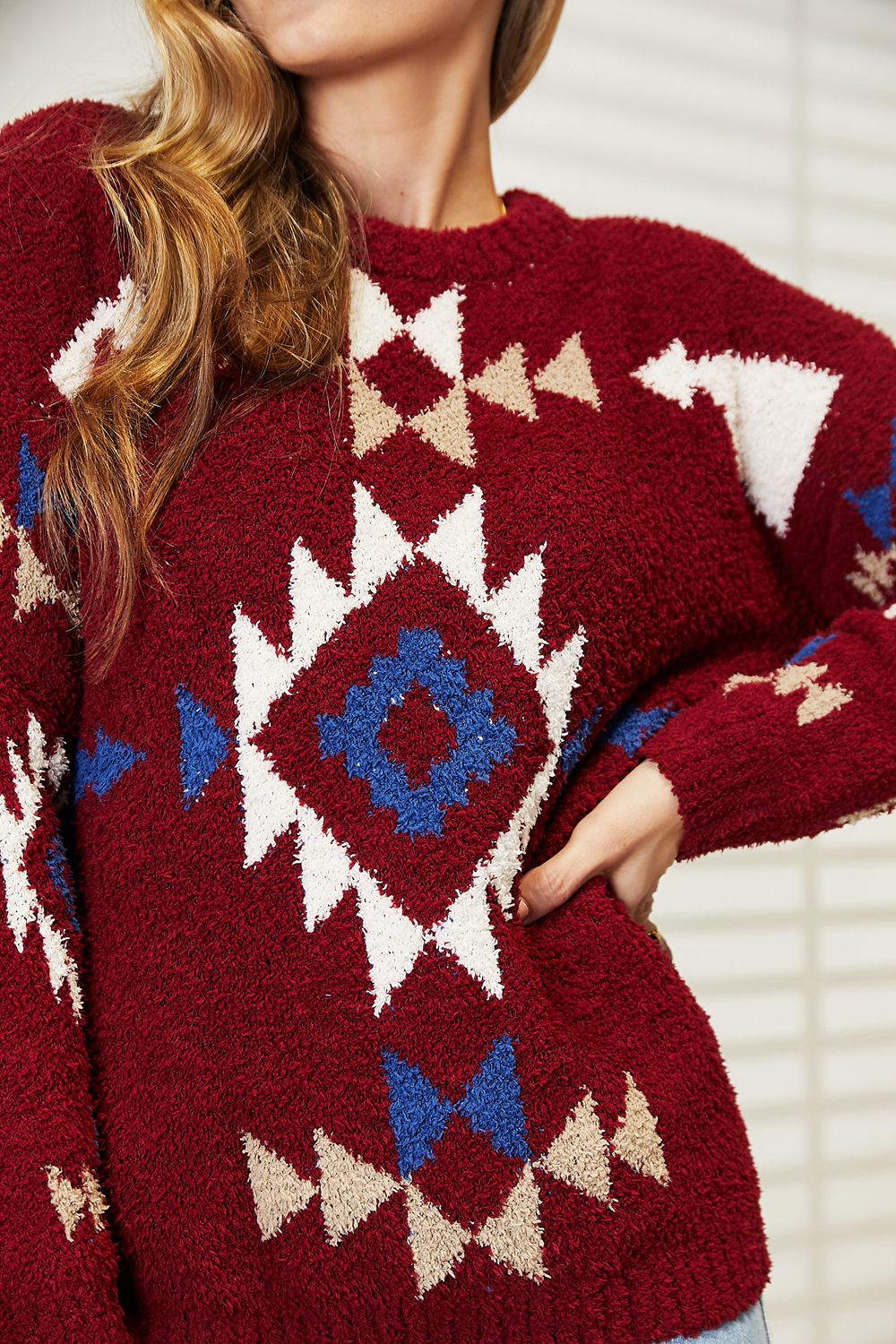 HEYSON Wine Full Size Aztec Soft Fuzzy Sweater *