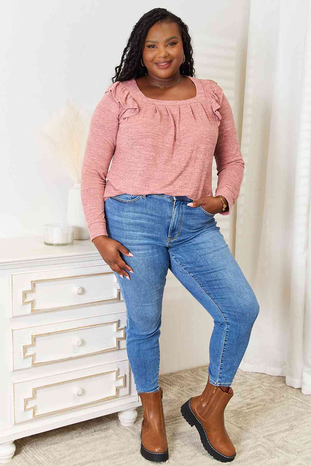 Double Take Square Neck Ruffle Shoulder Long Sleeve T-Shirt *