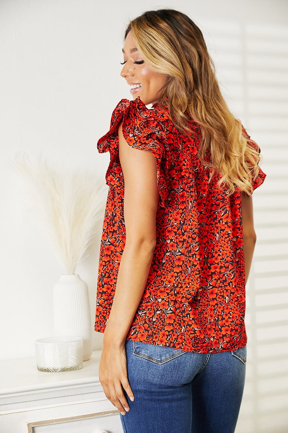 Double Take Red Orange Floral Flutter Sleeve Notched Neck Blouse *