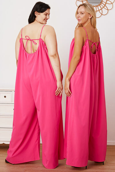 Double Take Full Size Ruffle Trim Tie Back Cami Jumpsuit with Pockets *