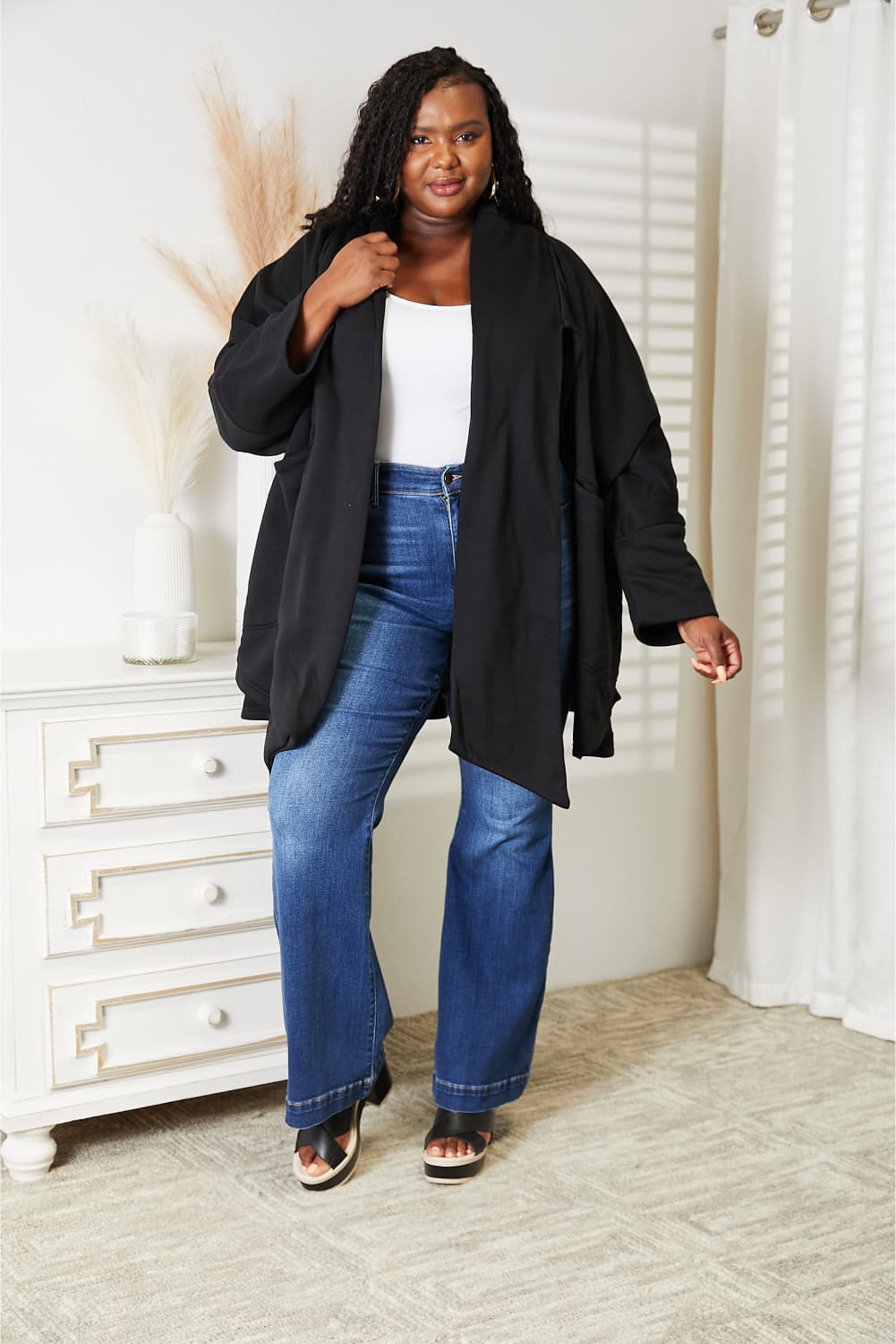 HEYSON Full Size Open Front Black Cardigan with Scarf Design *
