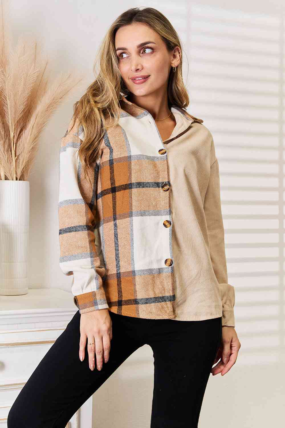 Double Take Plaid Print Dropped Shoulder Shirt *