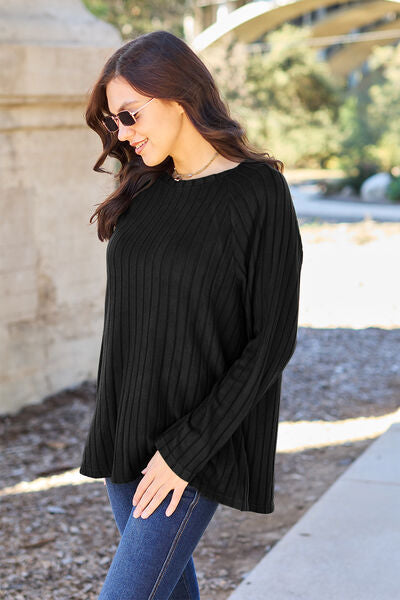Basic Bae Full Size Ribbed Round Neck Long Sleeve Knit Top *