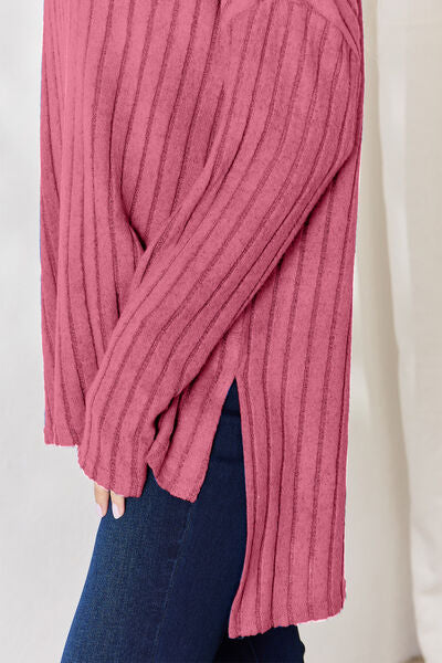 Basic Bae Full Size Ribbed Half Button Long Sleeve High-Low T-Shirt *