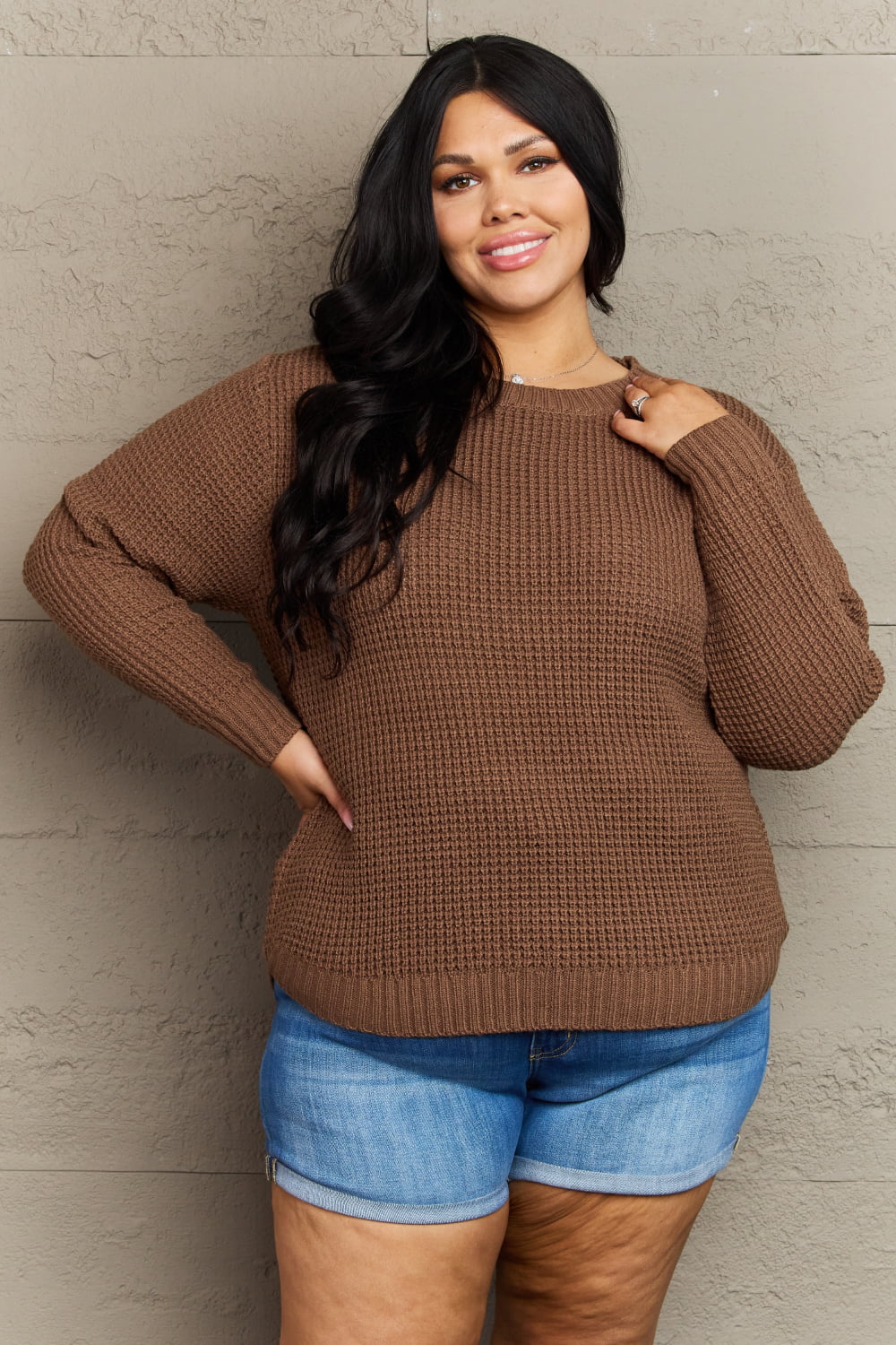 Zenana Breezy Days Plus Size High Low Waffle Knit Sweater *