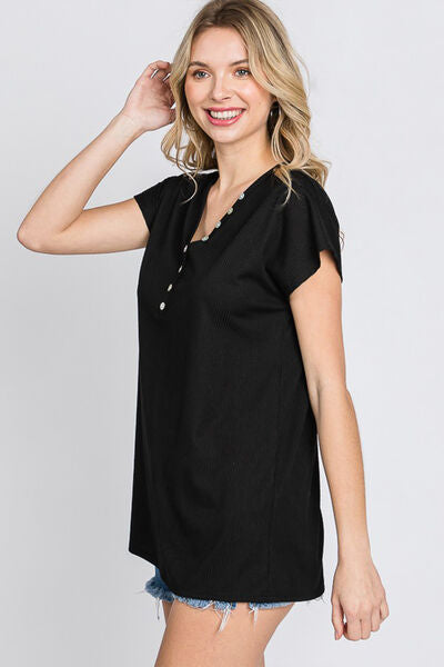 Heimish Full Size Front Button V-Neck Short Sleeve T-Shirt *