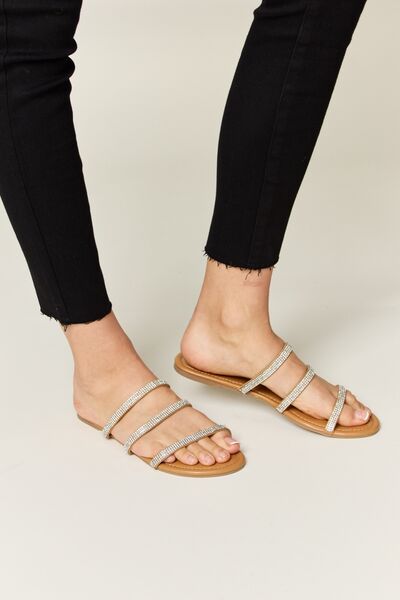 WILD DIVA Rhinestone Three-Strap Flat Sandals *