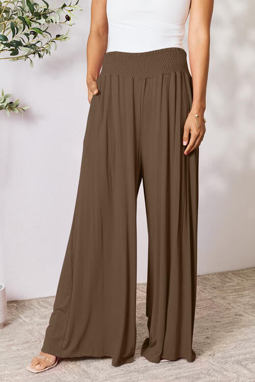 Double Take Full Size Smocked Wide Waistband Wide Leg Pants *