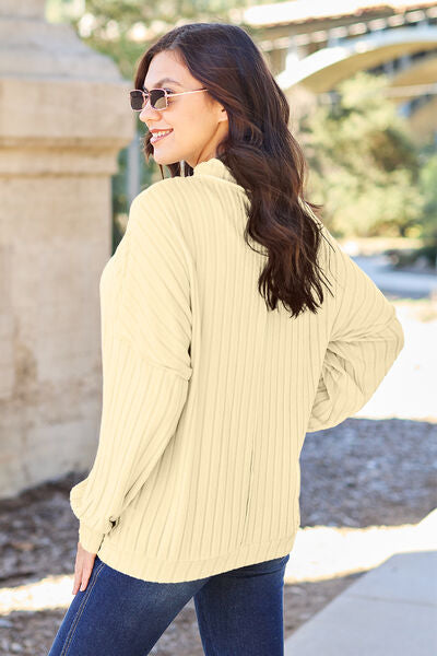 Basic Bae Full Size Ribbed Exposed Seam Mock Neck Knit Top *