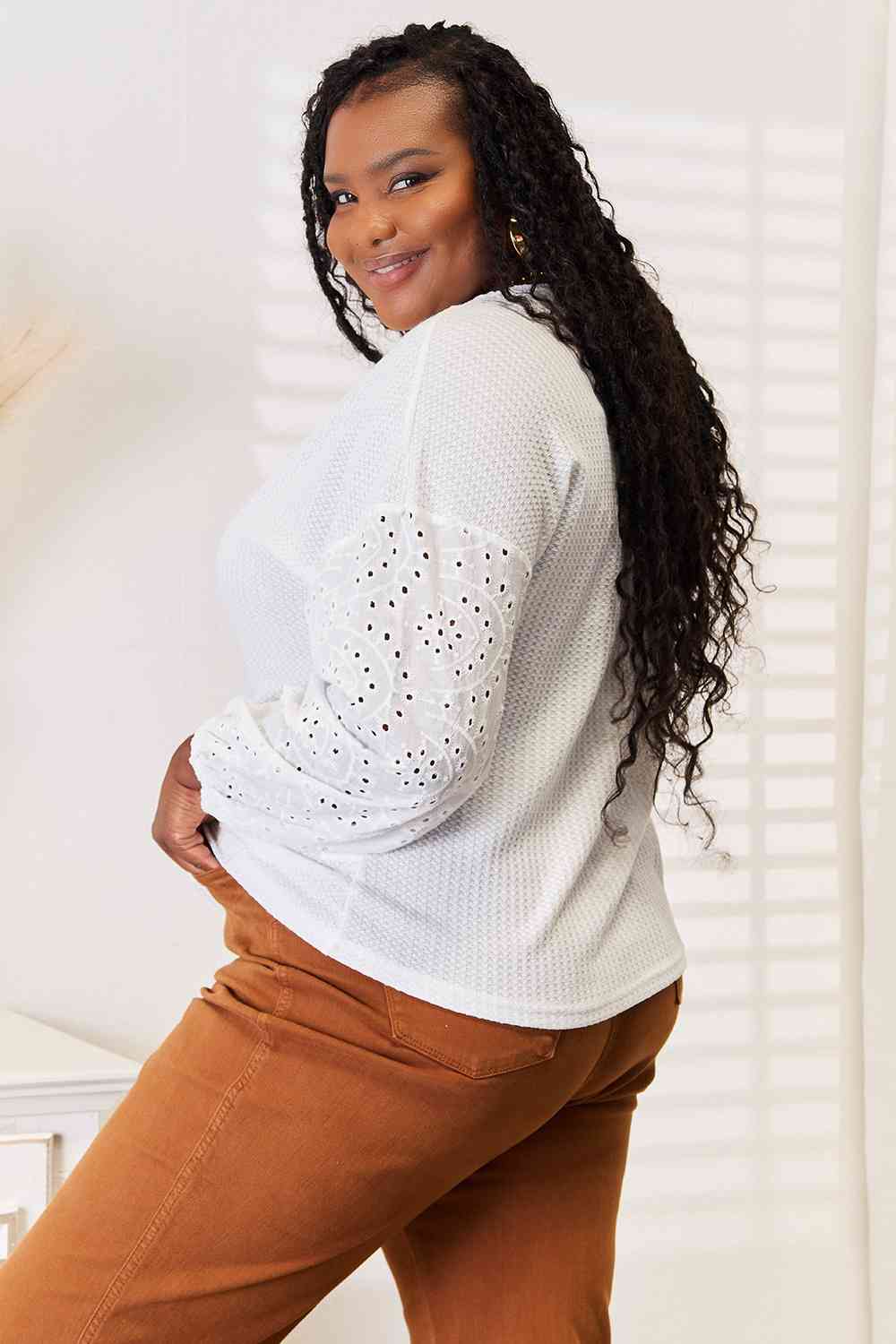 Double Take Eyelet Dropped Shoulder Round Neck Blouse *