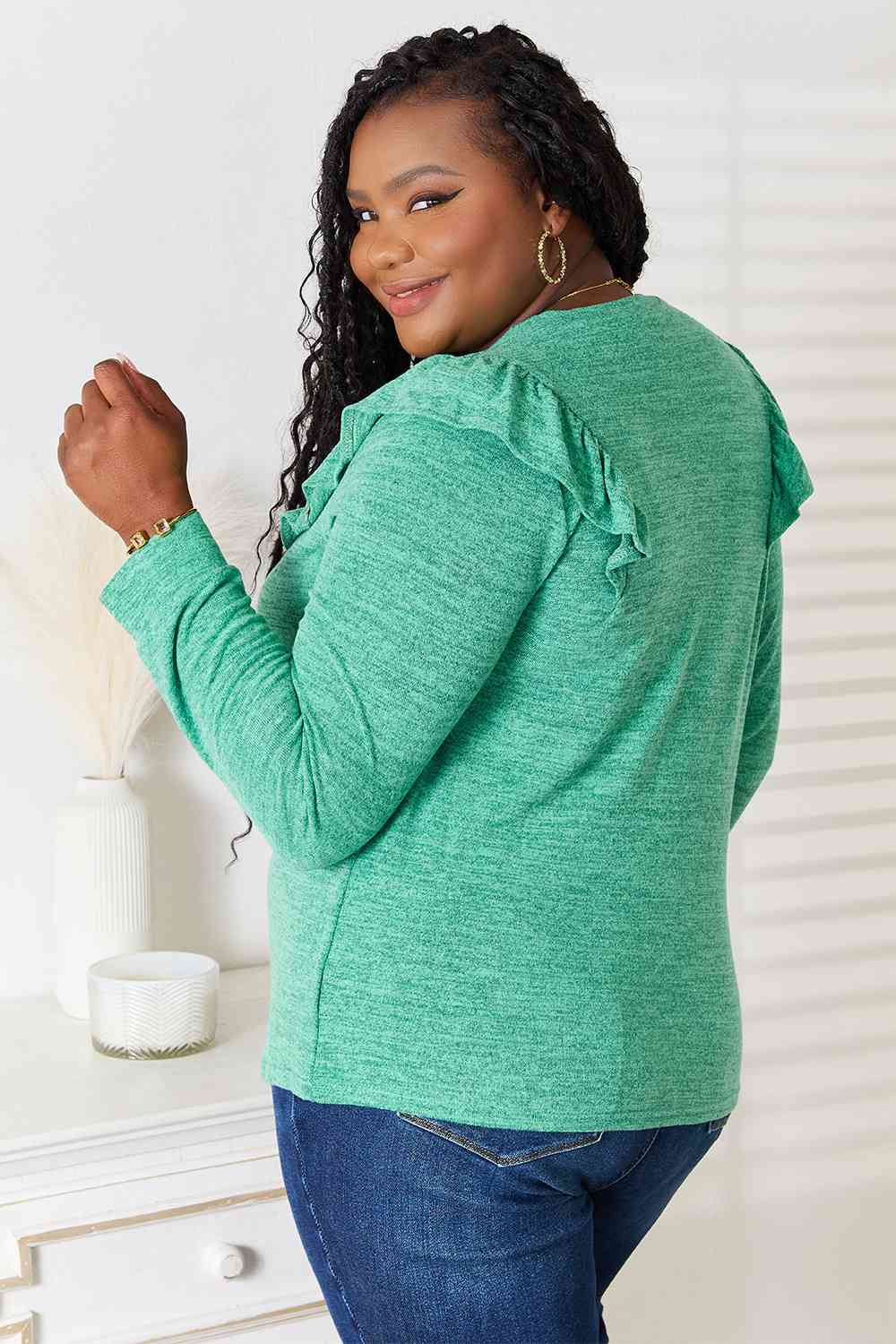 Double Take Ruffle Shoulder Long Sleeve T-Shirt *