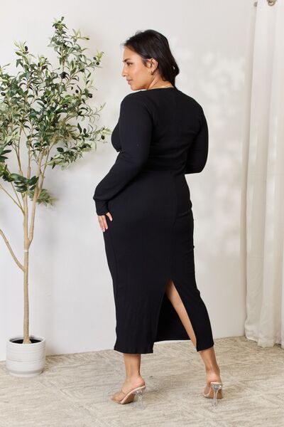 Culture Code Full Size Ribbed Long Sleeve Midi Slit Dress *