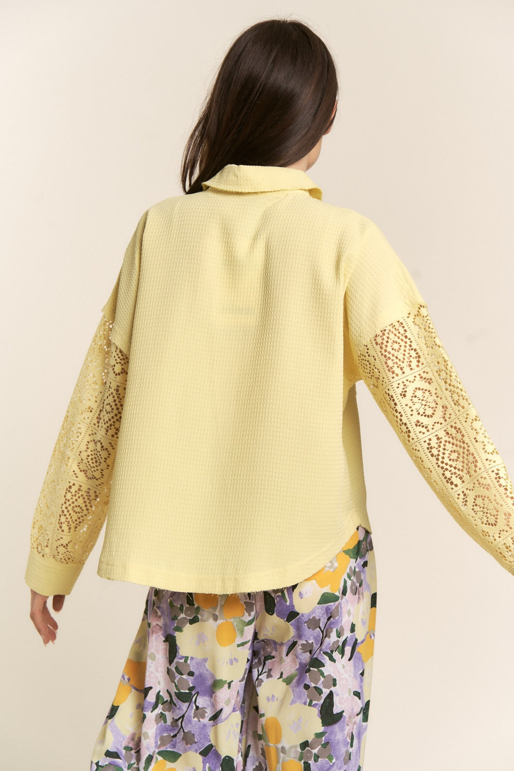 J.NNA Button Down Lace Long Sleeve Waffle Shirt *