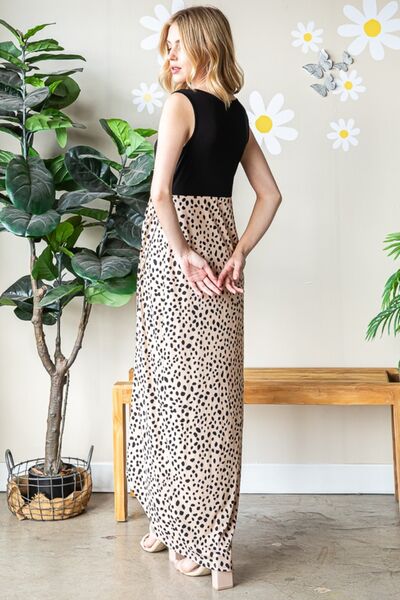 Heimish Full Size Slit Animal Print V-Neck Wide Strap Khaki Black Dress *
