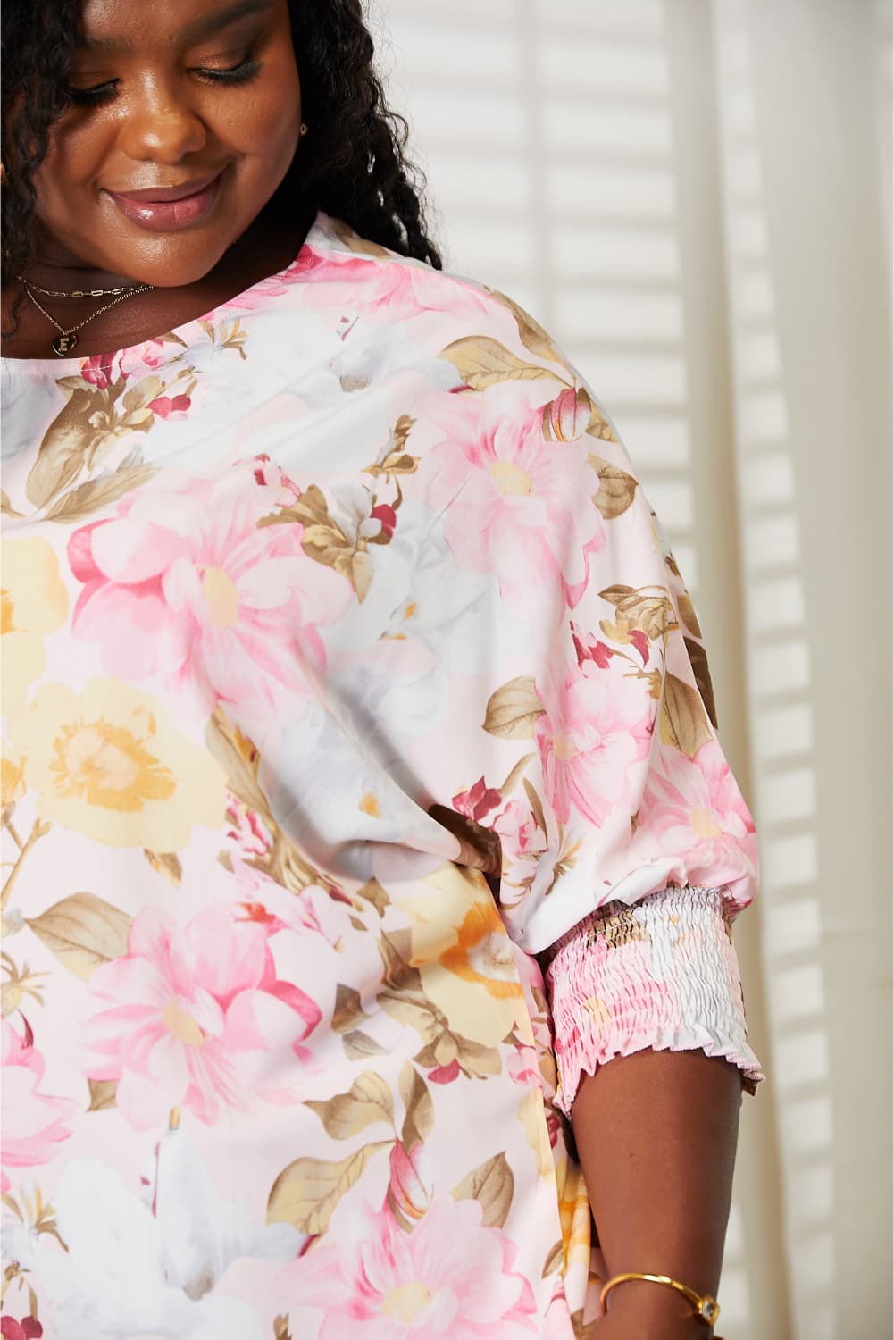 Double Take Blush Pink Floral Round Neck Three-Quarter Sleeve Top *