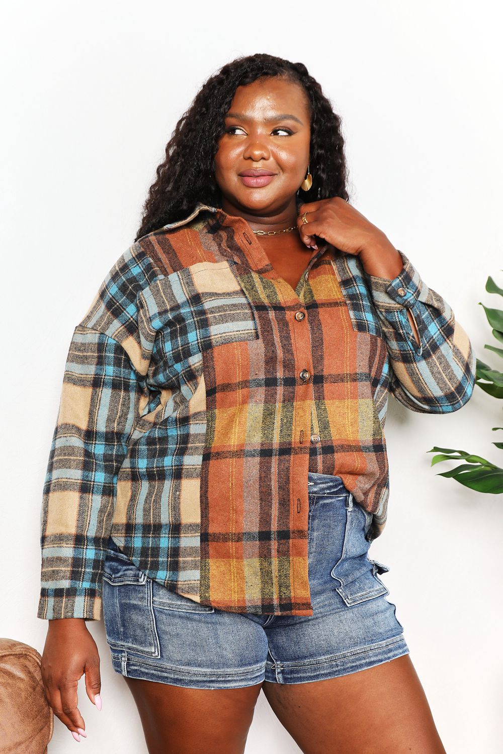 Double Take Full Size Plaid Curved Hem Shirt Jacket with Breast Pockets *