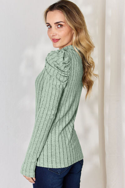Basic Bae Full Size Ribbed Mock Neck Puff Sleeve T-Shirt *