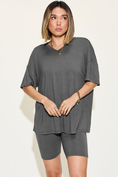 Basic Bae Full Size V-Neck Drop Shoulder Short Sleeve T-Shirt and Shorts Set *