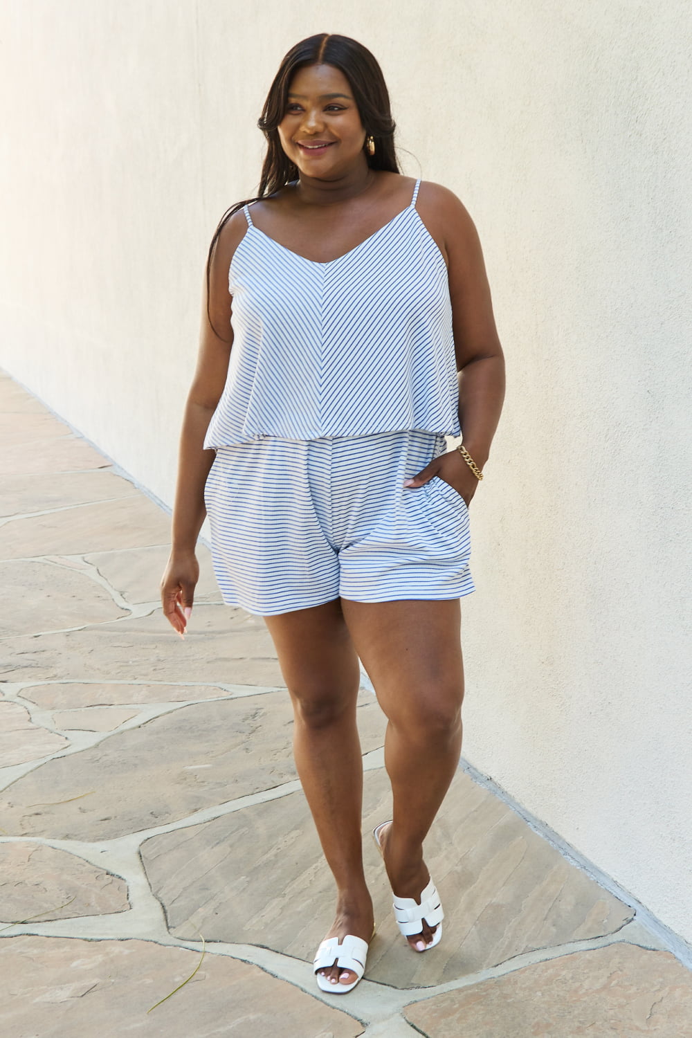 Culture Code Let It Happen Full Size Double Flare Striped Romper *