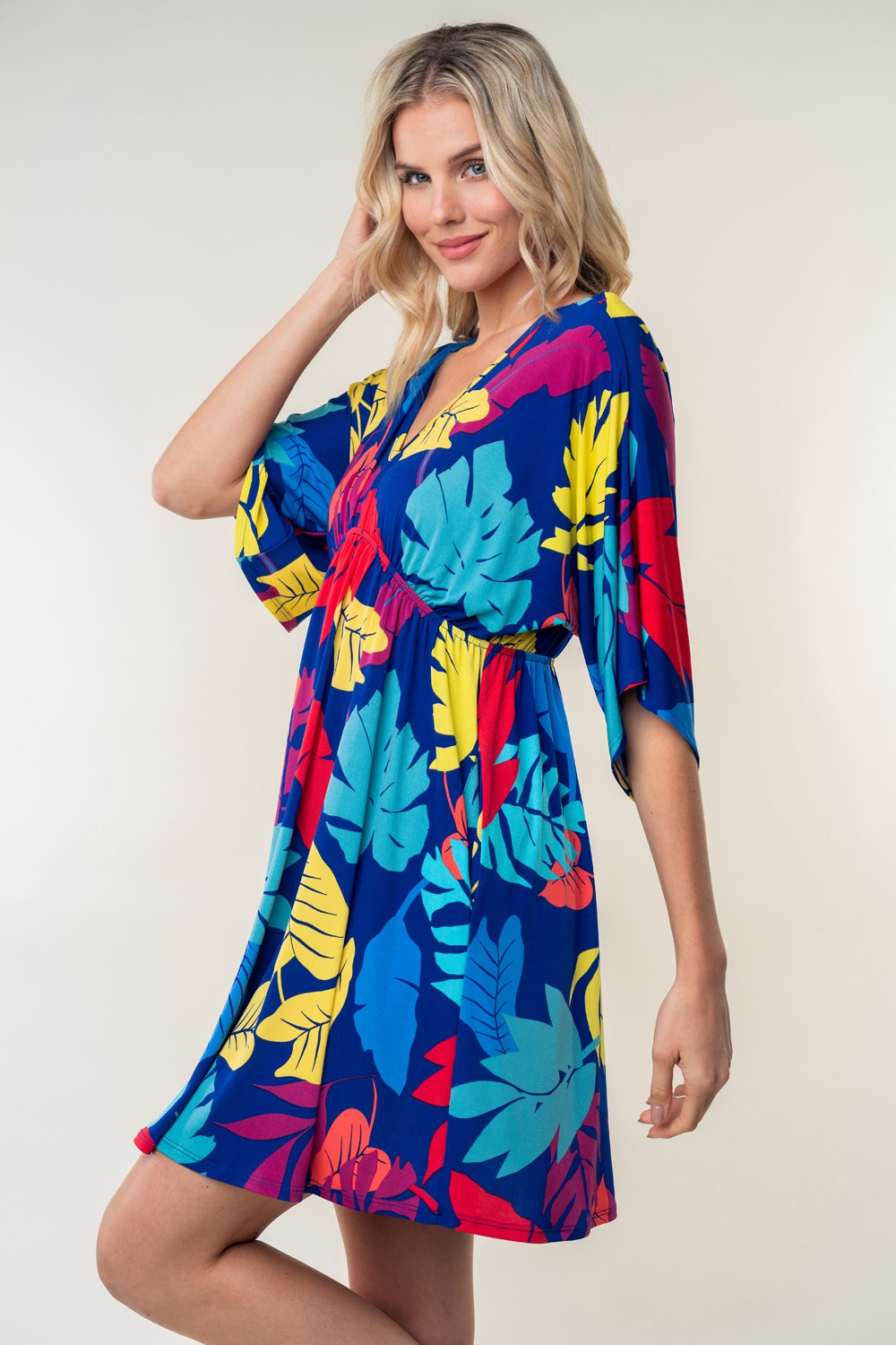 White Birch Full Size Printed V-Neck Mini Dress *
