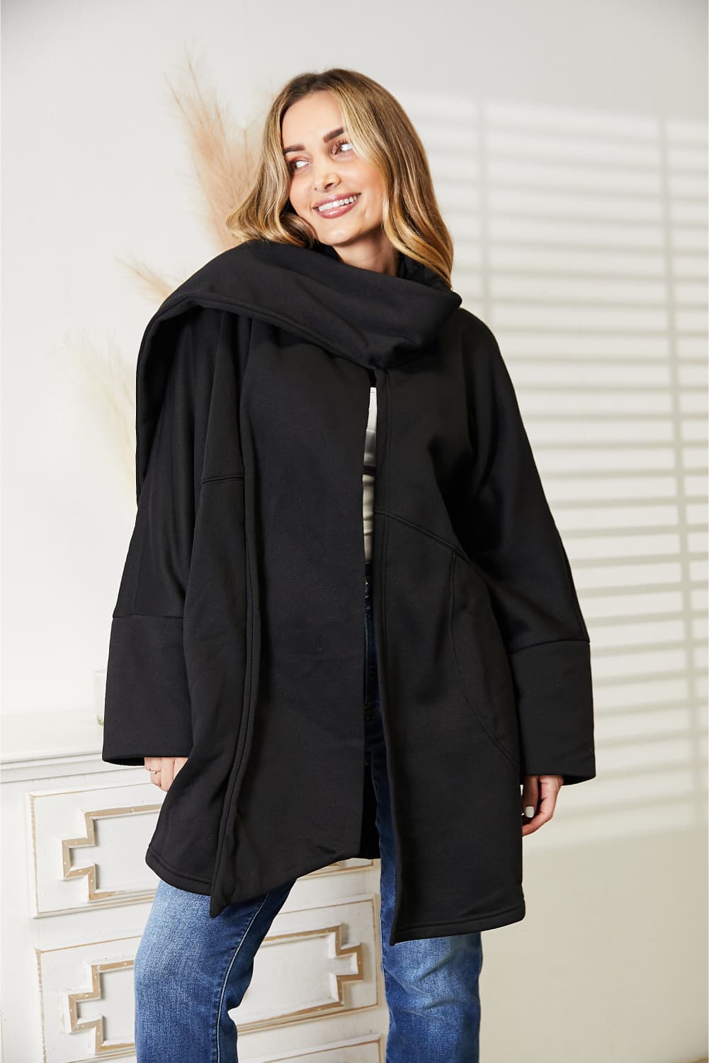 HEYSON Full Size Open Front Black Cardigan with Scarf Design *