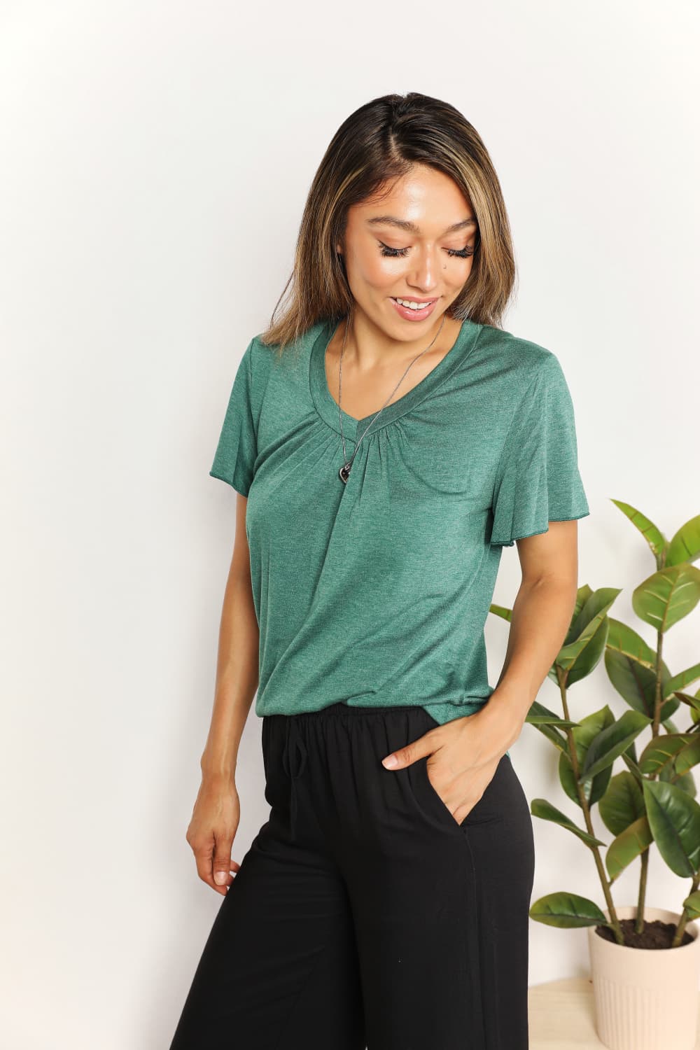 Full Size Double Take Ruched V-Neck Short Sleeve T-Shirt *
