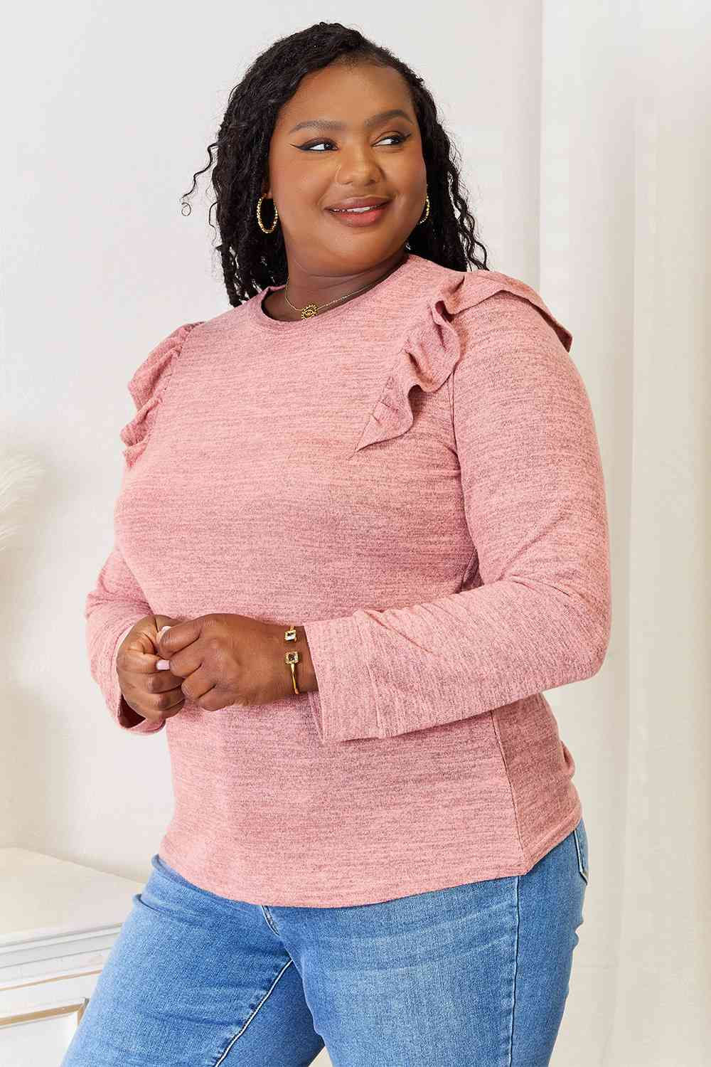 Double Take Ruffle Shoulder Long Sleeve T-Shirt *