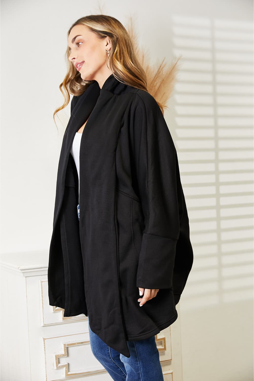 HEYSON Full Size Open Front Black Cardigan with Scarf Design *