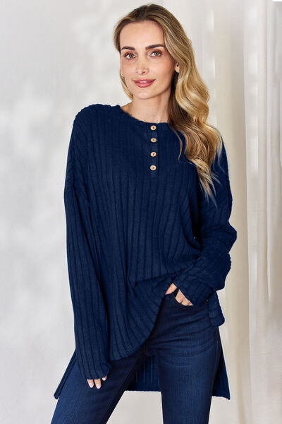 Basic Bae Full Size Ribbed Half Button Long Sleeve High-Low T-Shirt *