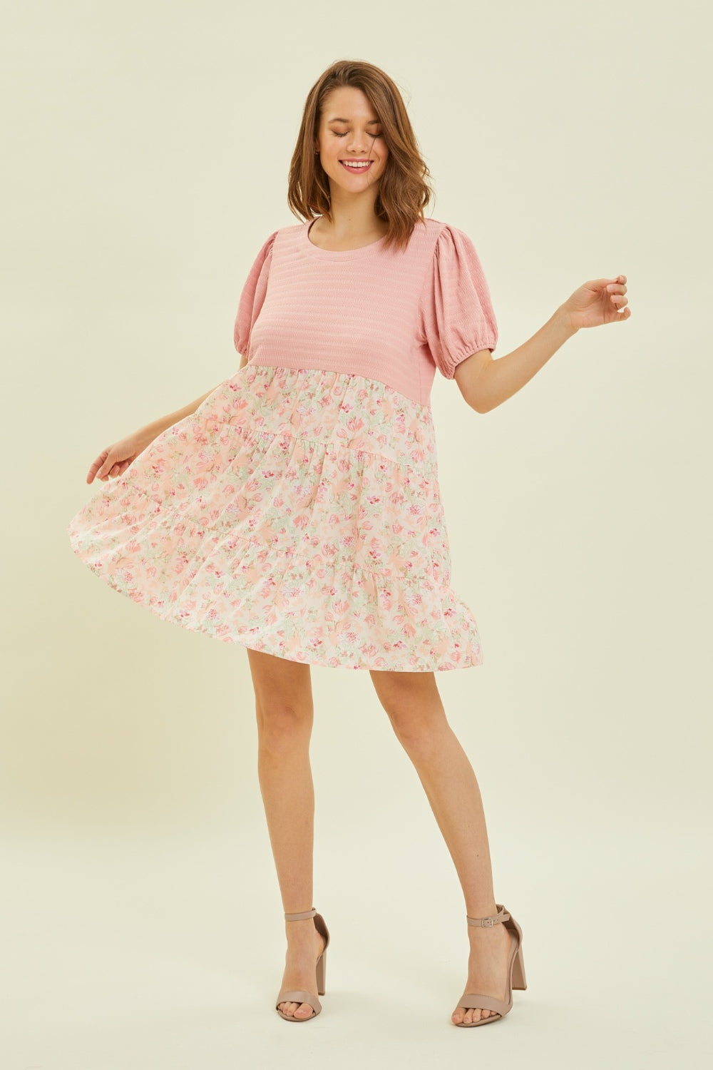 HEYSON Full Size Round Neck Floral Ruffle Hem Mini Dress *