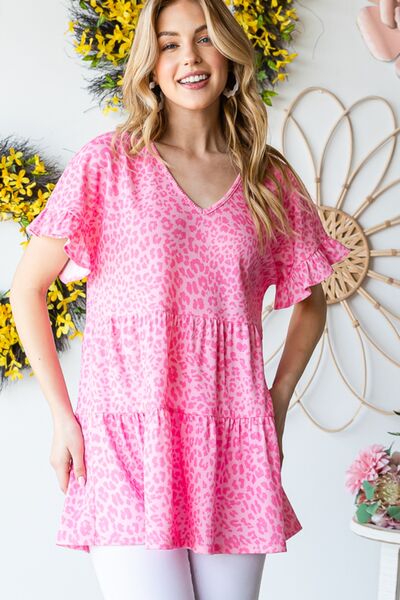 Heimish Full Size Leopard Ruffle Trim Short Sleeve Top *
