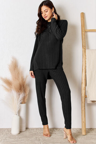 Basic Bae Full Size Ribbed Round Neck High-Low Slit Top and Pants Set *
