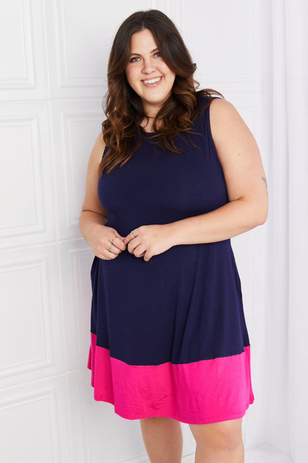 Yelete Full Size Two-Tone Sleeveless Mini Dress with Pockets *