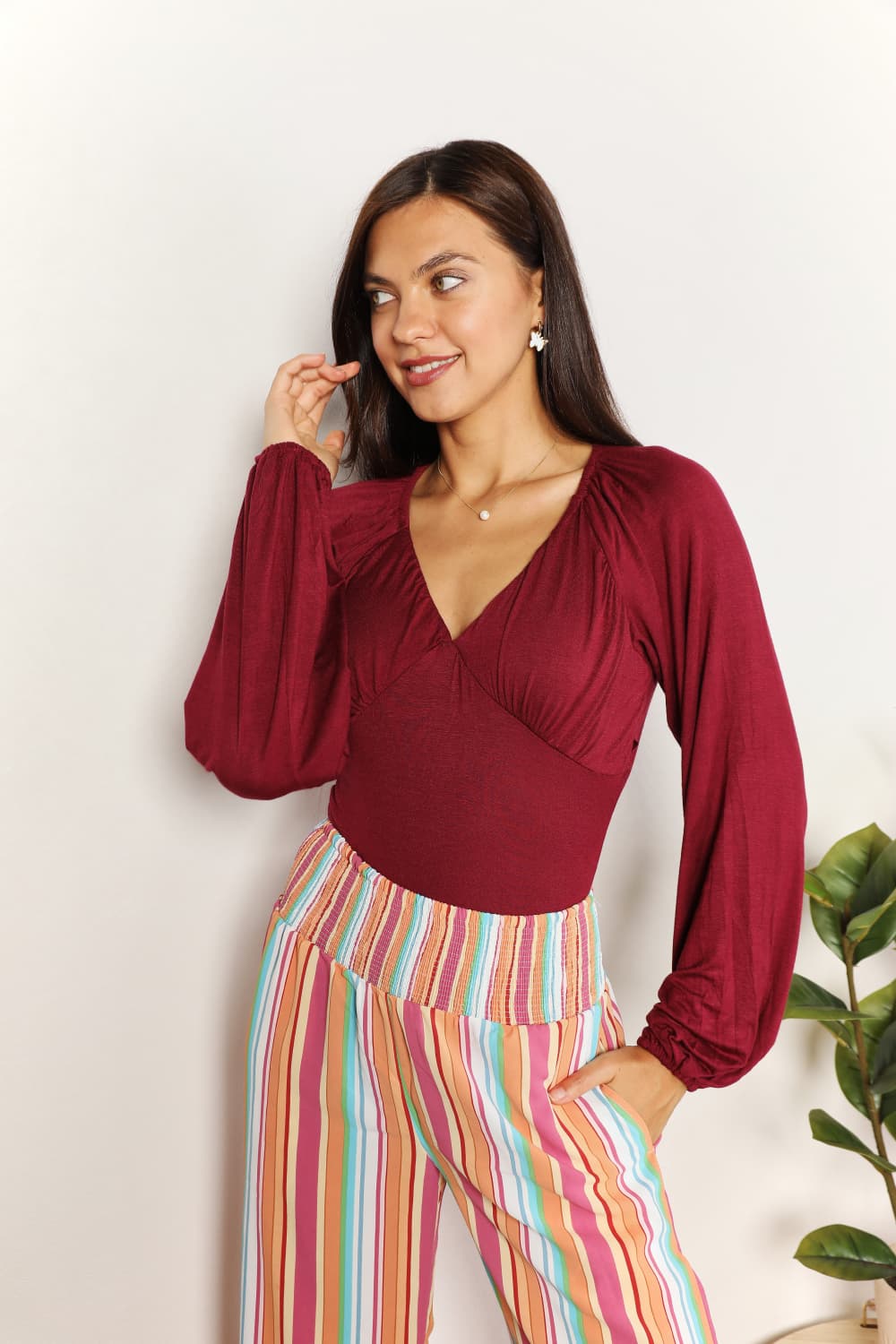 Culture Code Wine Full Size V-Neck Bodysuit *