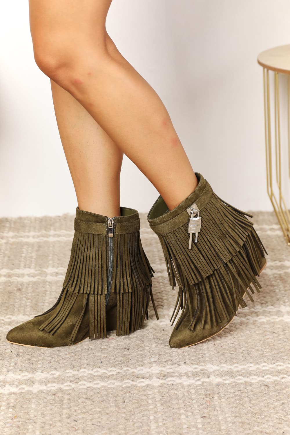 Legend Women's Tassel Wedge Heel Olive Ankle Boots *