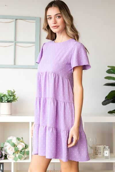 Heimish Full Size Swiss Dot Short Sleeve Tiered Dress *