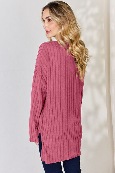 Basic Bae Full Size Ribbed Half Button Long Sleeve High-Low T-Shirt *