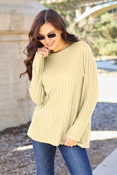 Basic Bae Full Size Ribbed Round Neck Long Sleeve Knit Top *