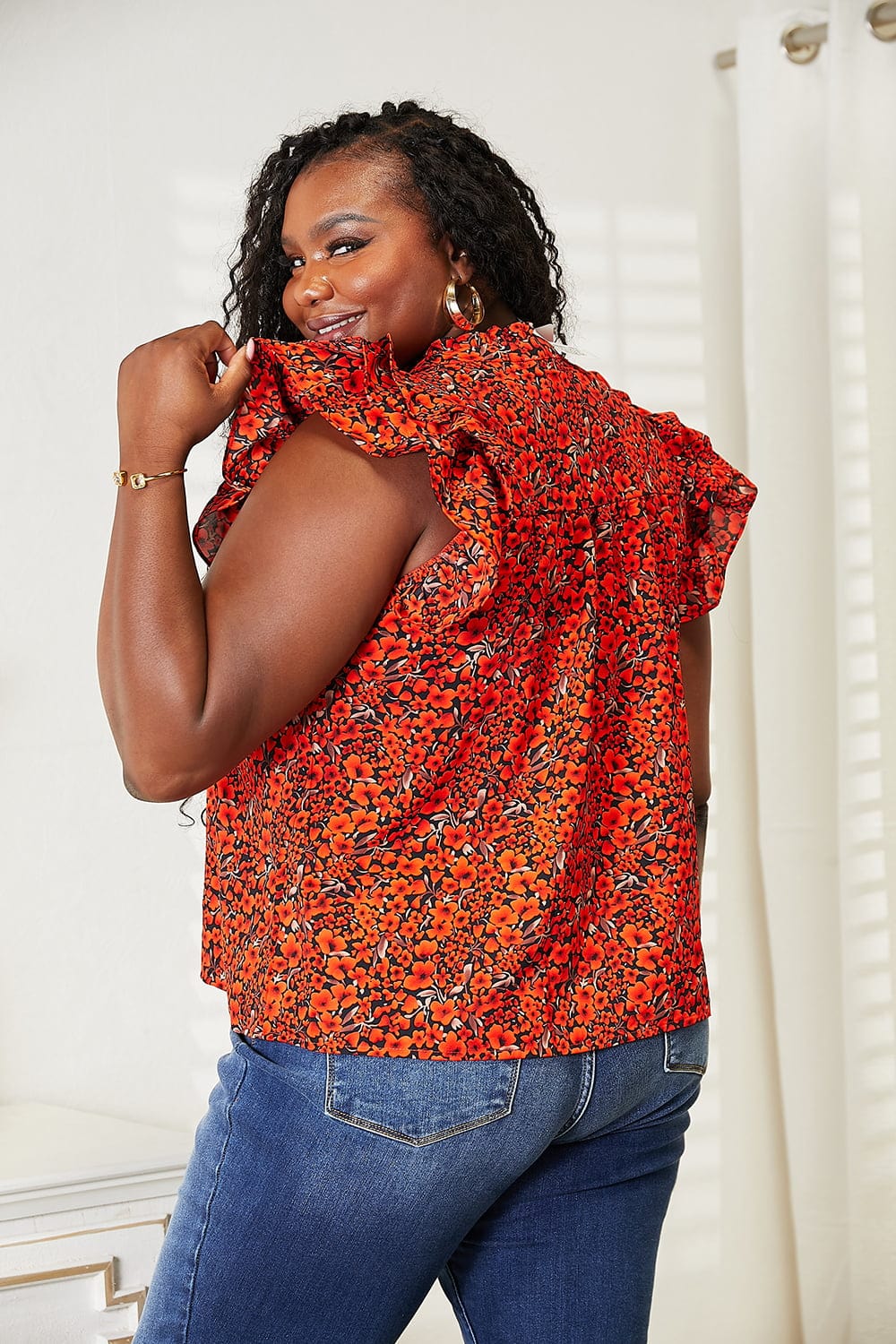 Double Take Red Orange Floral Flutter Sleeve Notched Neck Blouse *