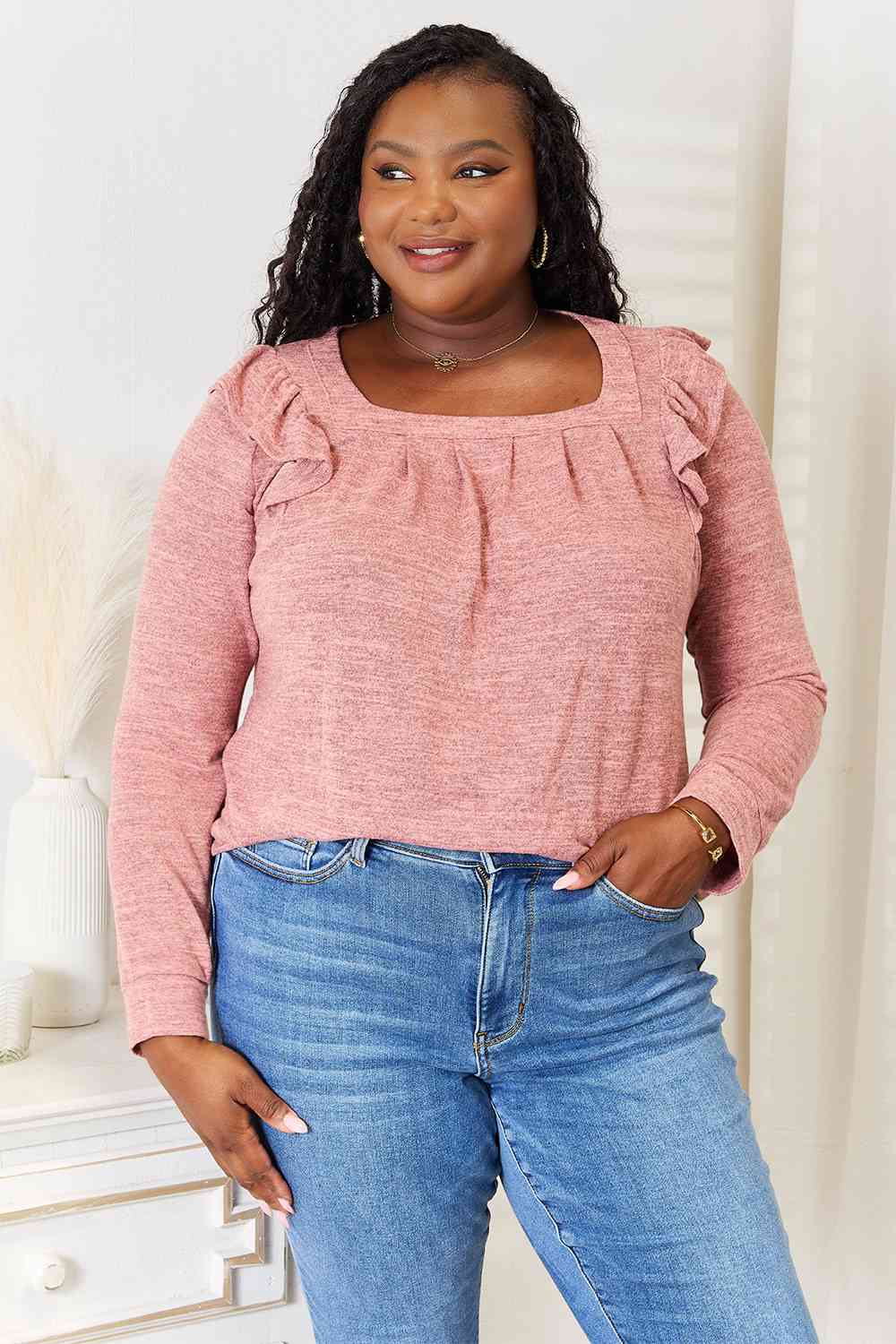 Double Take Square Neck Ruffle Shoulder Long Sleeve T-Shirt *