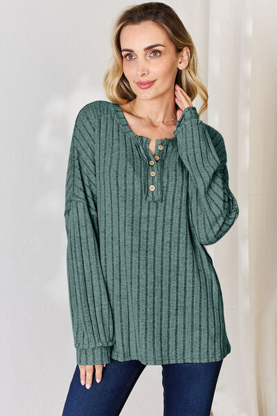 Basic Bae Full Size Ribbed Half Button Long Sleeve T-Shirt *