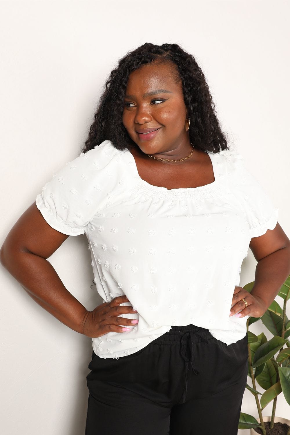 Double Take Full Size White Swiss Dot Puff Sleeve Square Neck Blouse *